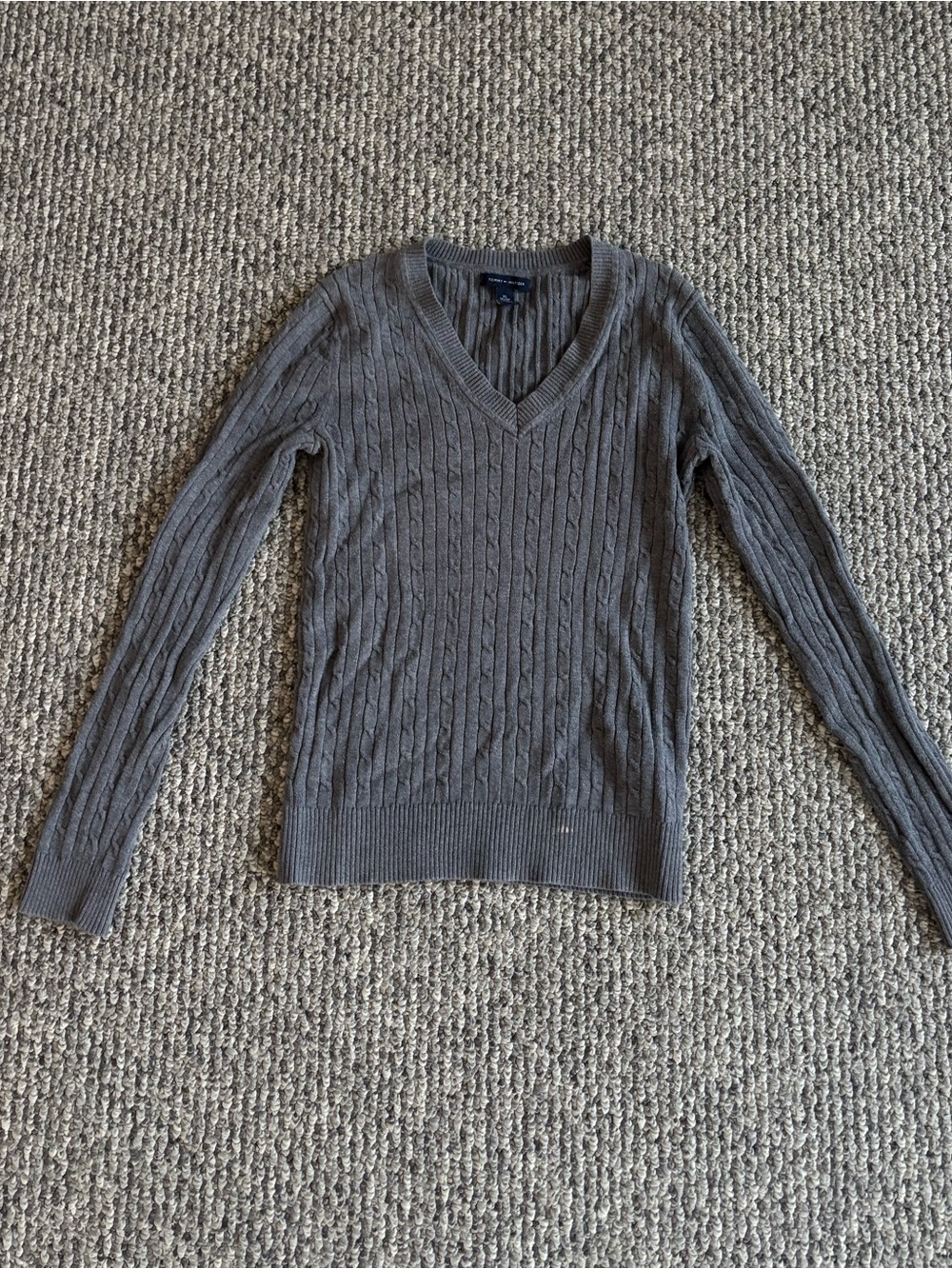 Tommy Hilfiger Grey Cable-Knit V-Neck Sweater